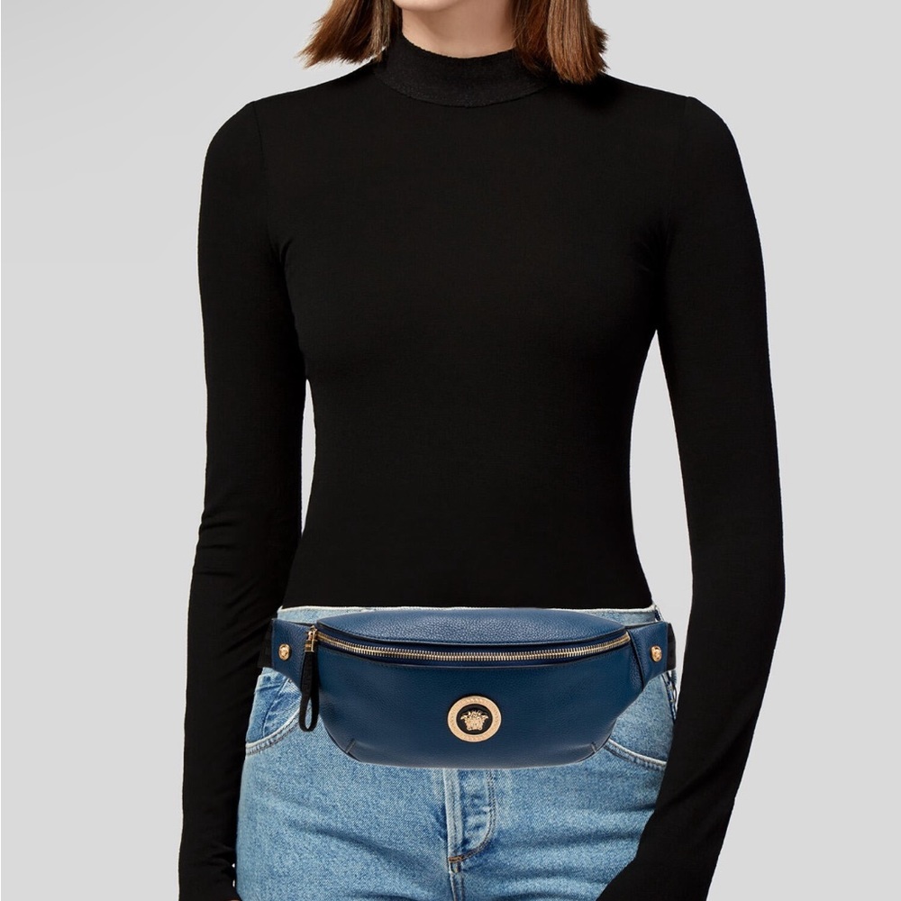 NEW VERSACE MICROCHIPPED BLUE LEATHER BELT BAG!